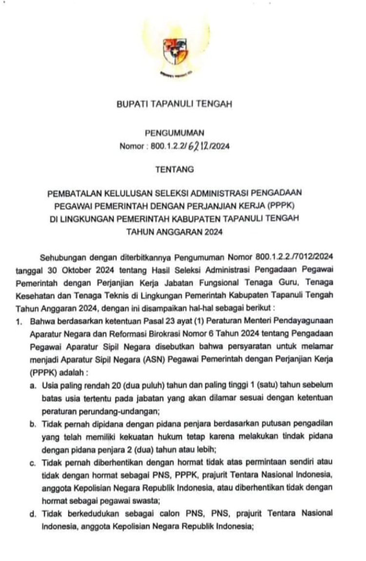 Palsukan Dokumen, 13 PPPK di Pemkab Tapteng Dibatalkan Kelulusannya